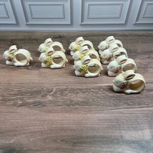 VTG 1999 Adorable Ceramic Bunny Napkin Rings Easter Spring Table Decor 10pc Set